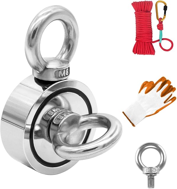Fishing Magnet Kit Double Sided, 120KG (265LBS) Pulling Force Strong Round Neodymium Rare Earth Magnet N52 with Heavy Duty Rope & Non-Slip Gloves for Magnetic Fishing (48mm