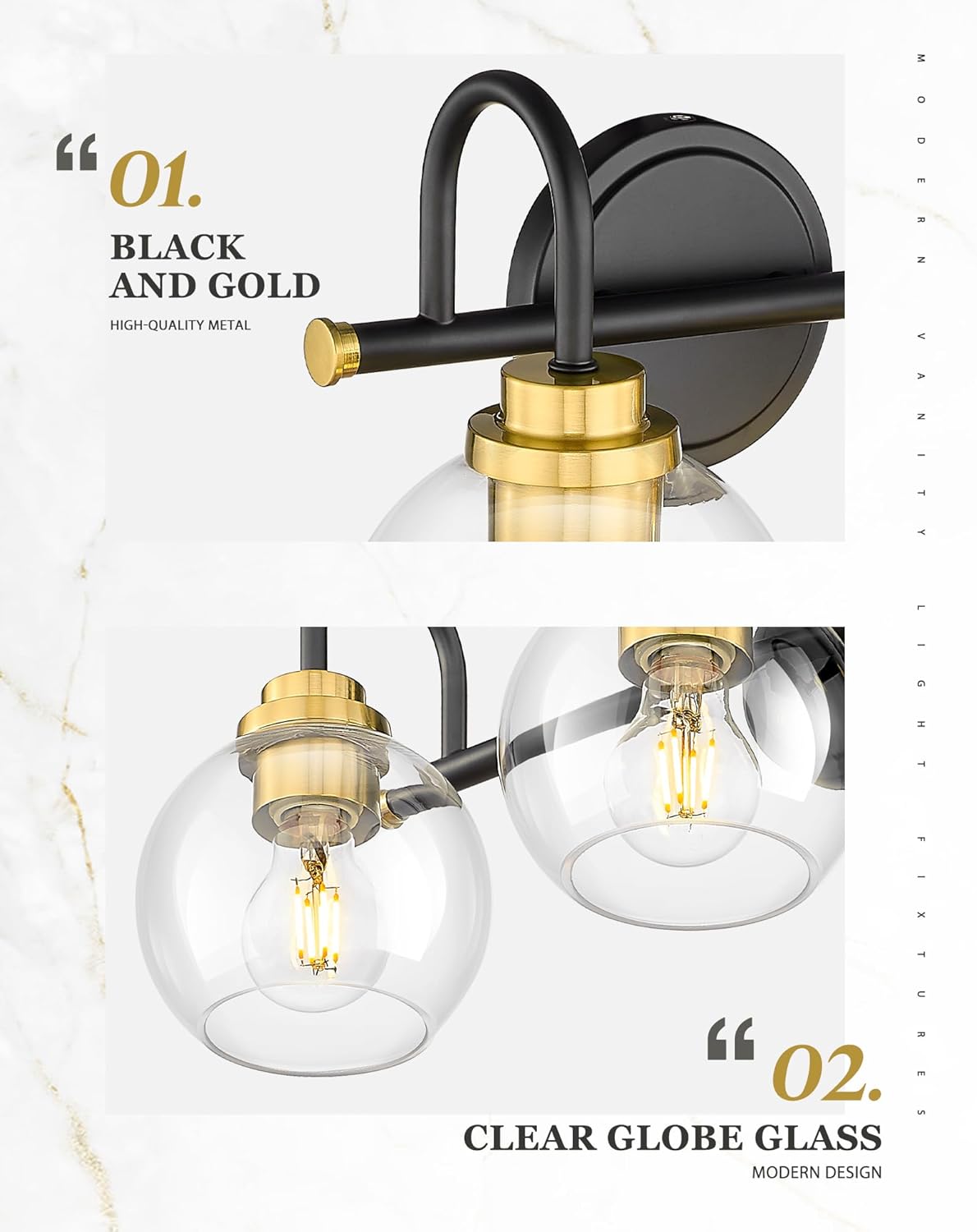 Bathroom Light Fixtures, 2-Light Black and Gold Vanity Lights with Globe Clear Glass, Modern Vanity Lighting Fixtures Over Mirror, AD-22280-2W-KG