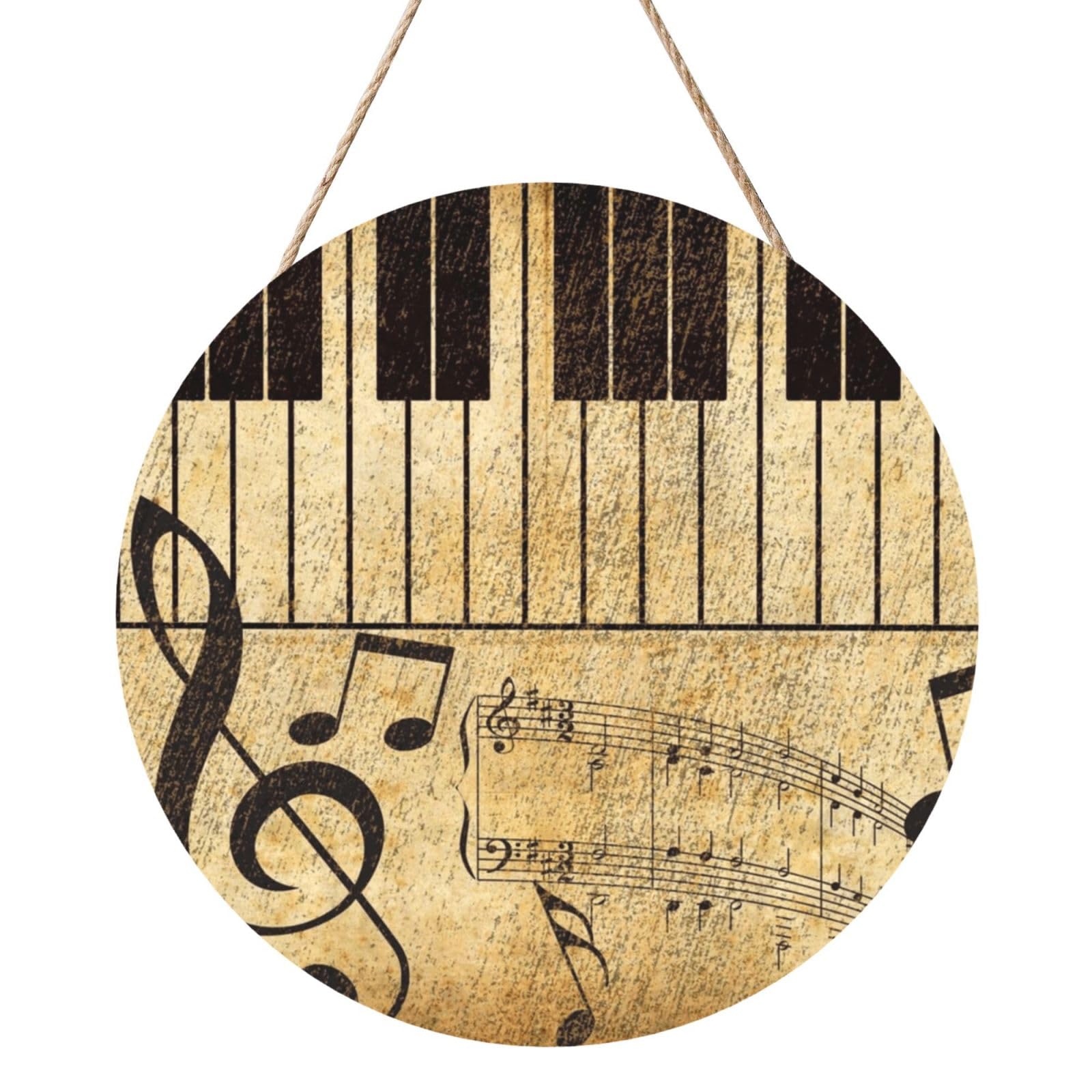 InOmak Vintage Music Note Piano, Round Wood Panel Painting 12 in, Wall Hanging Painting For Home
