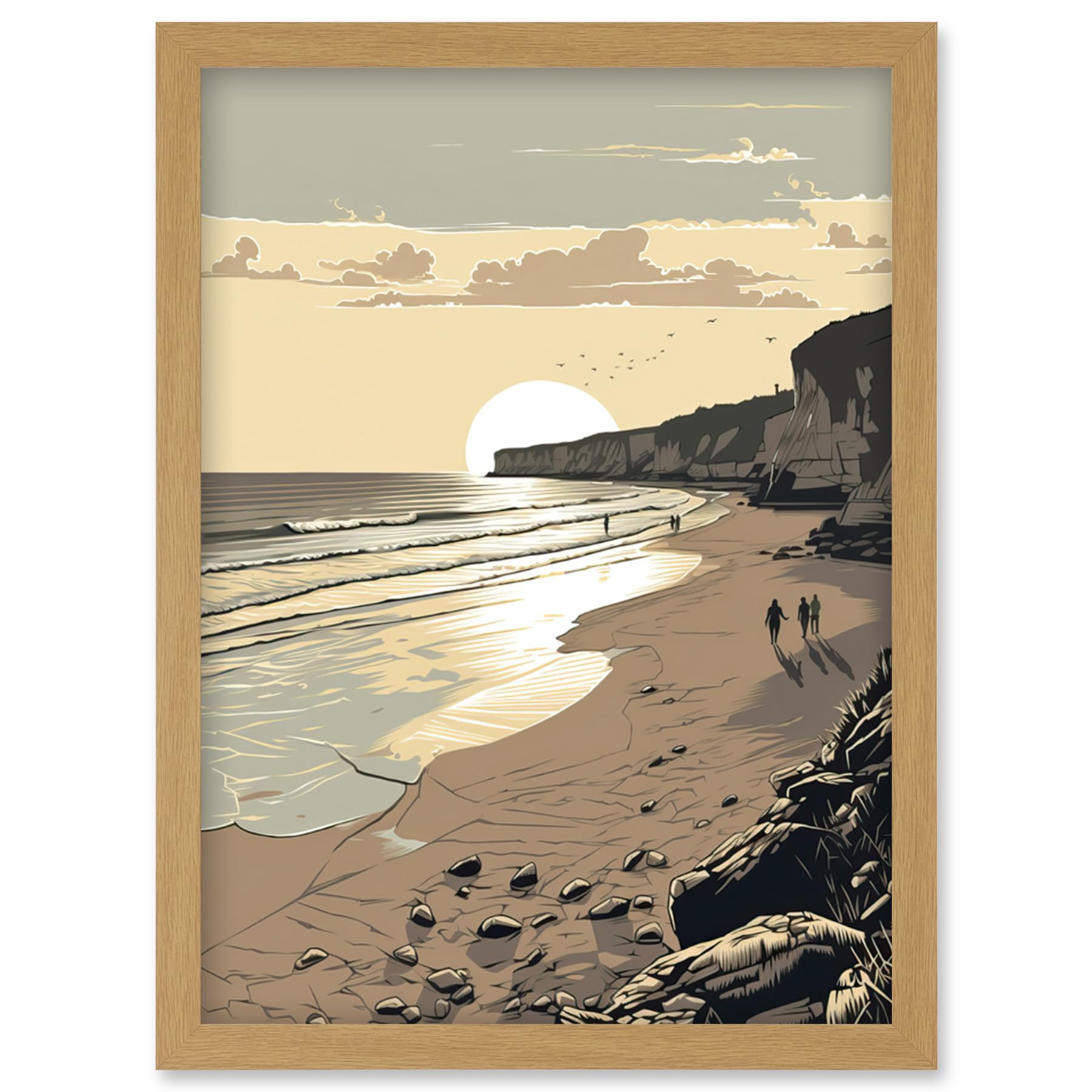 Sunrise Walk on Filey Beach Framed Wall Art Print A4 - Coastal Illustration Artwork - Artery8