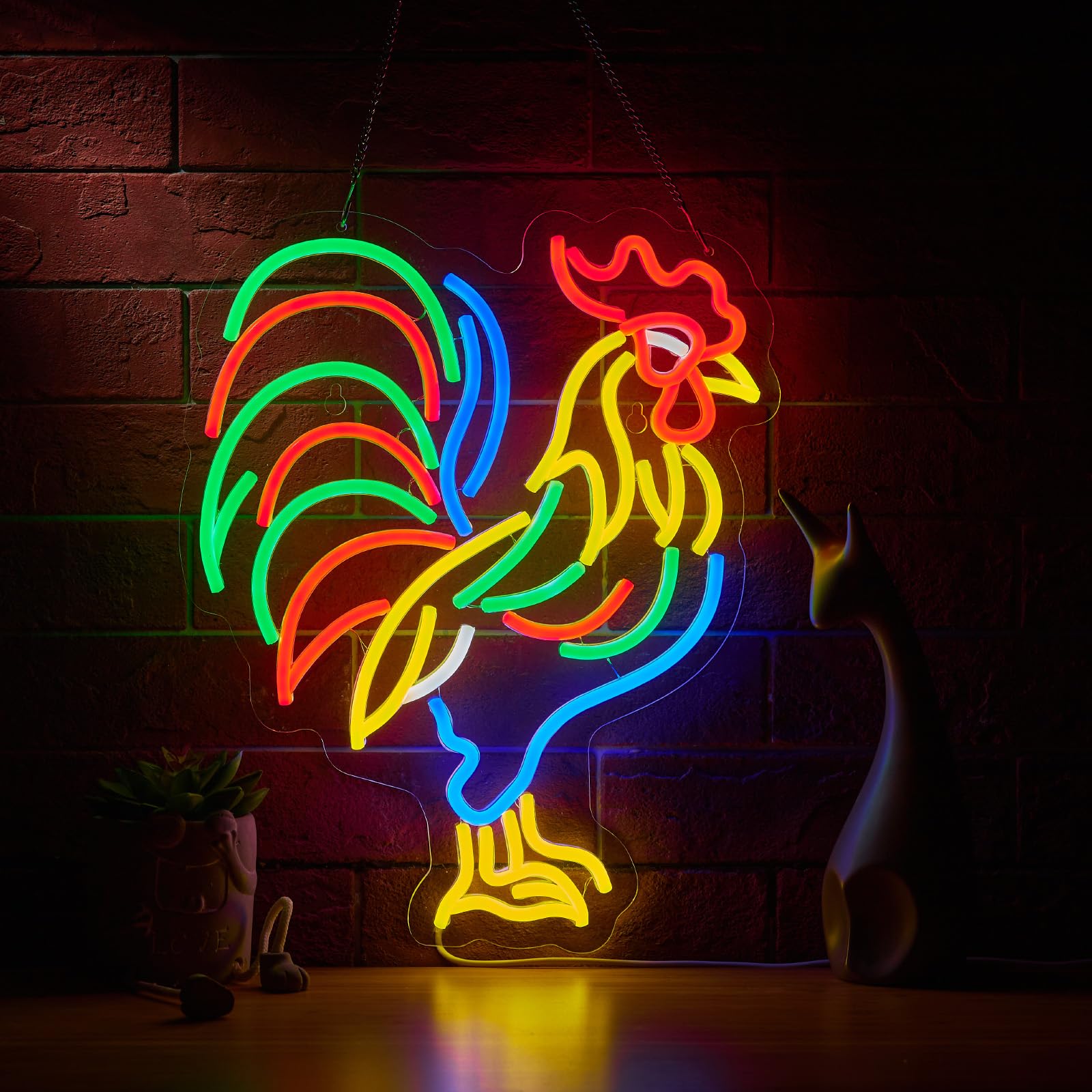 Roouneon Letrero de neón de gallo para decoración de pared, letreros LED de pollo con interruptor regulable, luz de decoración artística para hombre, cueva, cerveza, bar, sala de juegos