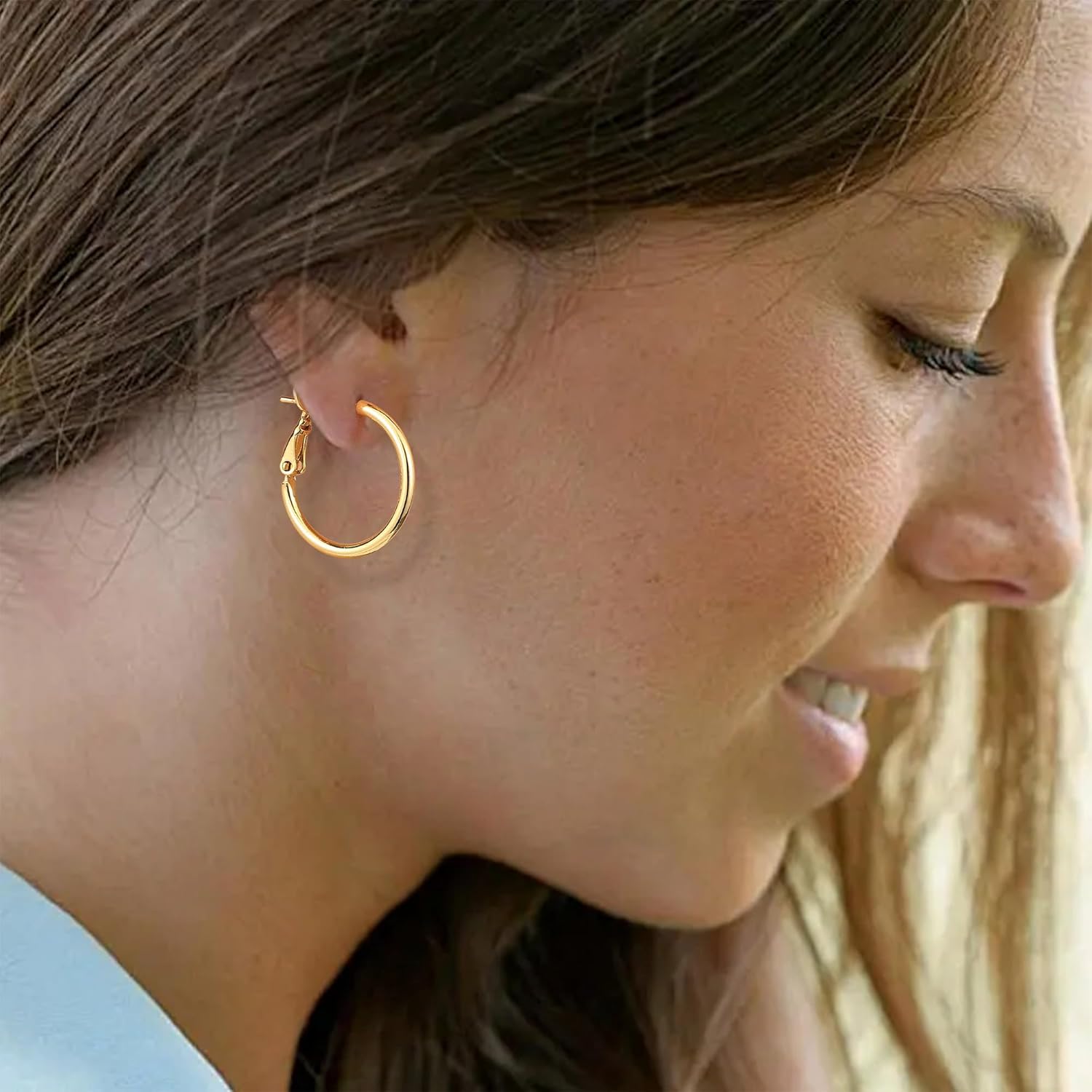 Fiusem 14K Gold Plated Hoop Earrings for Women, Lightweight Thin Tube Hoops, Hypoallergenic 925 Sterling Silver Post Click-Top Round Loop Jewelry - Image 3