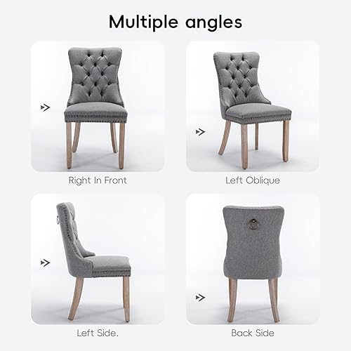 Miniatura 7 de Juego de 4 sillas de comedor modernas tapizadas de tela de lino, respaldo copetudo con ribete de cabeza de clavo y patas de madera maciza para
