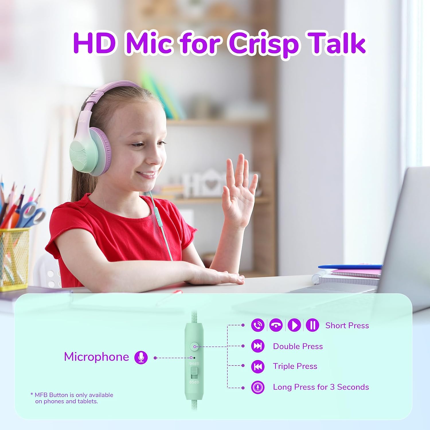 EarFun K3 Kids Headphones, Over Ear Headphones with Microphones, 85/94dB Volume Limit, HD Stereo Sound, Foldable Wired Headphone for School/Travel/Boys/Girls/Tablet/iPad (3.5mm Plug with Mic, Purple)