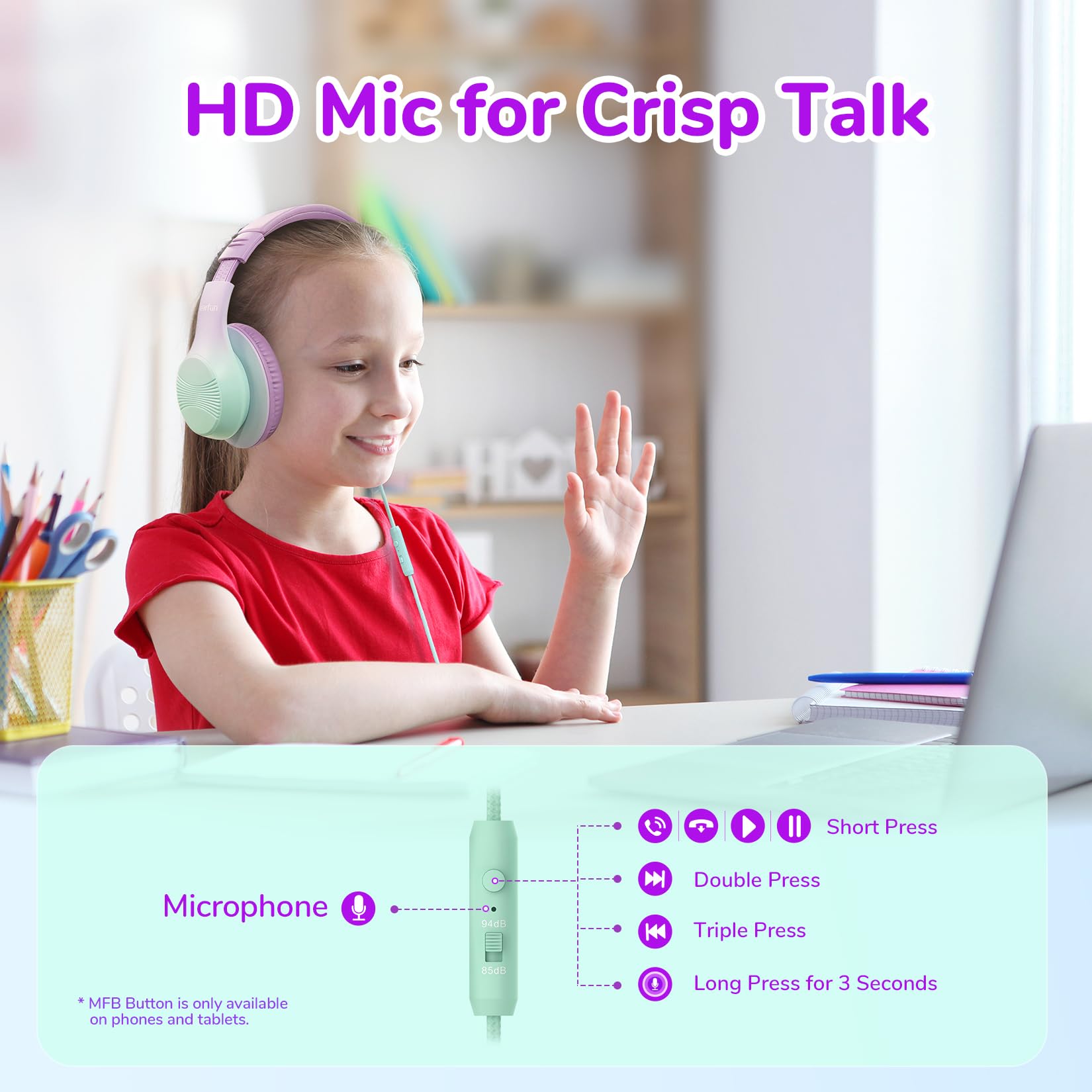EarFun Kids Headphones Wired, Over Ear Foldable Headphones with Microphones, 85/94dB Safe Volume Limit, HD Stereo Sound - Image 3