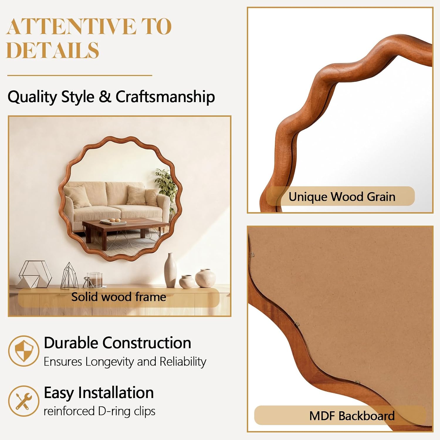 30" Wall Mirror with Wavy Edge Solid Wood Frame Decorative, Bathroom Mirror Tempered Glass for Hallway, Entryway, Living Room (Yellowish Brown)