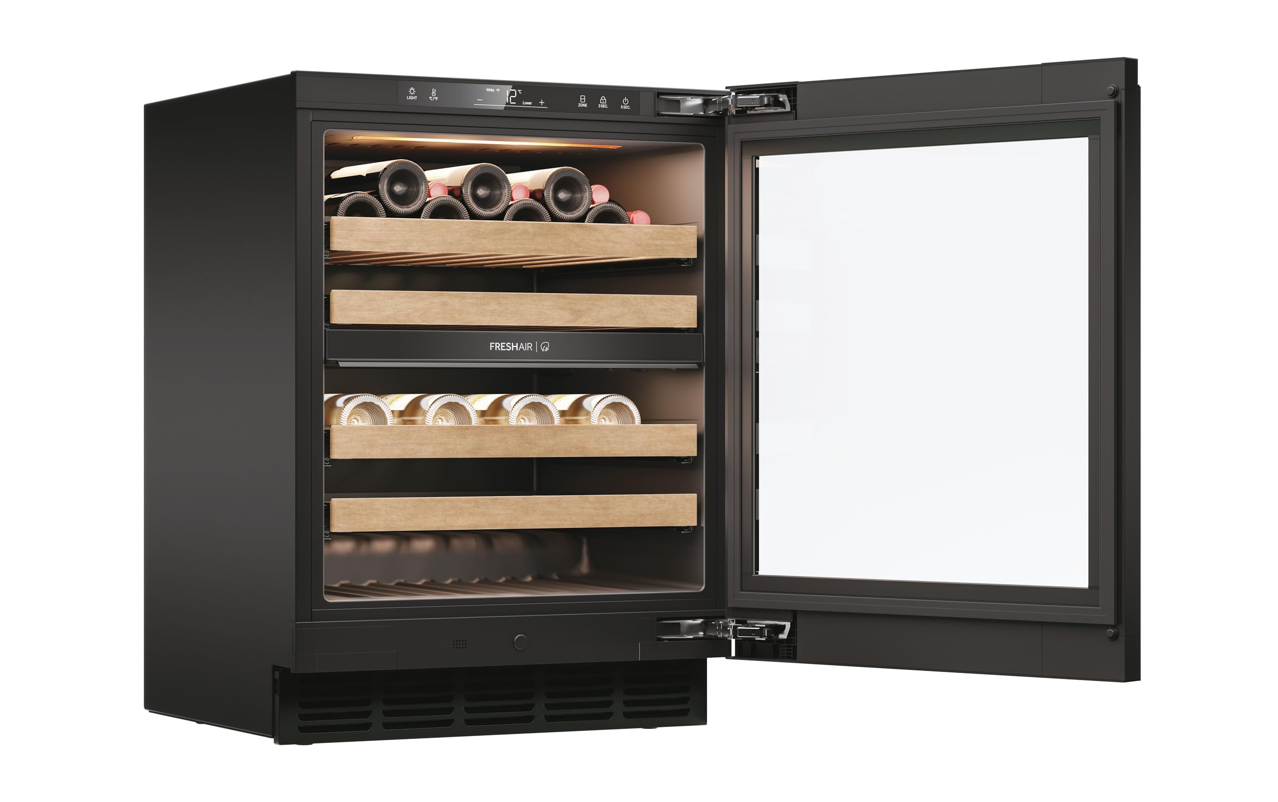 Haier Weinkühlschrank Serie 6 Wine Bank 60 HUC44GDEH1 | 60 cm Breite, 44 Flaschen Weinklimaschrank mit 2 Temperaturzonen, UV-Glastür, Holzregale, Wi-Fi