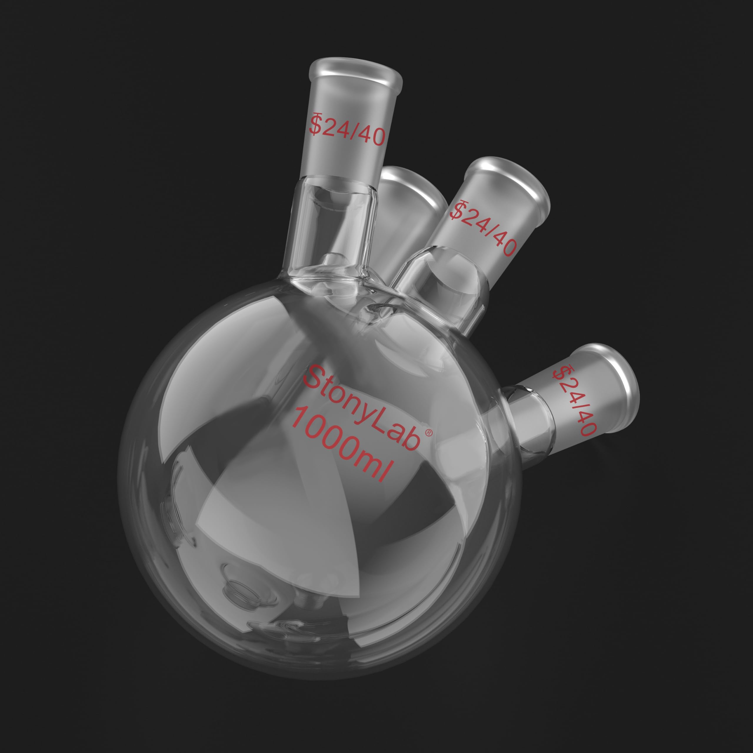 stonylab Matraz de Fondo Redondo RBF de 4 Cuello, Pared Pesada 4 Cuello Matraz de Lab Vidrio Borosilicato Matraz de Ebullición de Fondo Redondo con 24/40 Articulación Externa Cónica Estándar, 1000 ml