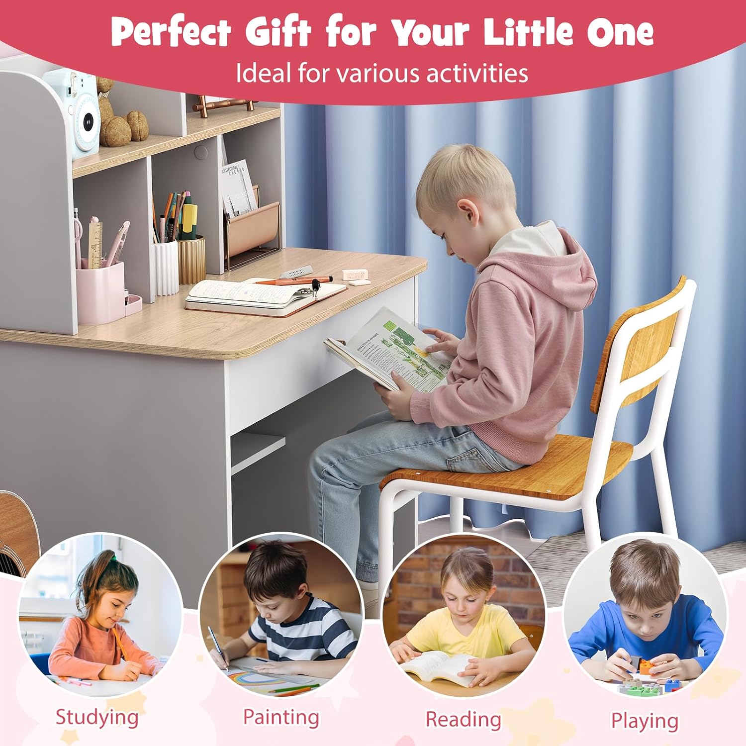 GLACER Kids Desk, Wooden Childrens Computer Desk with 5 Open Shelves, Large Drawer, Bottom Shelf, Foot Pads, Kids Study Table with Storage, Student Writing Table Computer Workstation for Home School