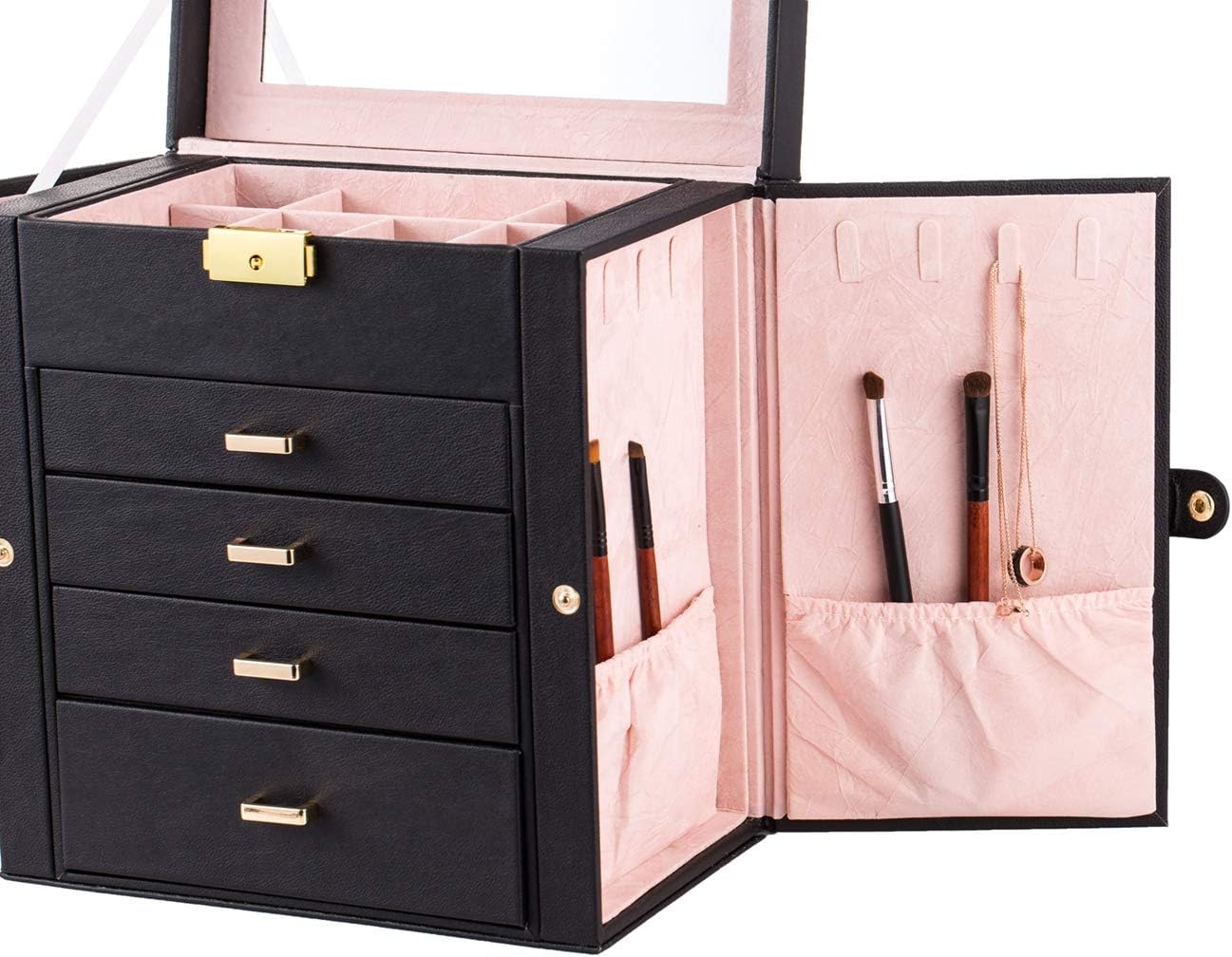 Synthetic Leather Huge Jewelry Box Mirrored Watch Organizer Necklace Ring Earring Storage Lockable Gift Case Black Vintage Jewelry Organizer Jewelry Boxes Delicate Gifts for Women MITPATY