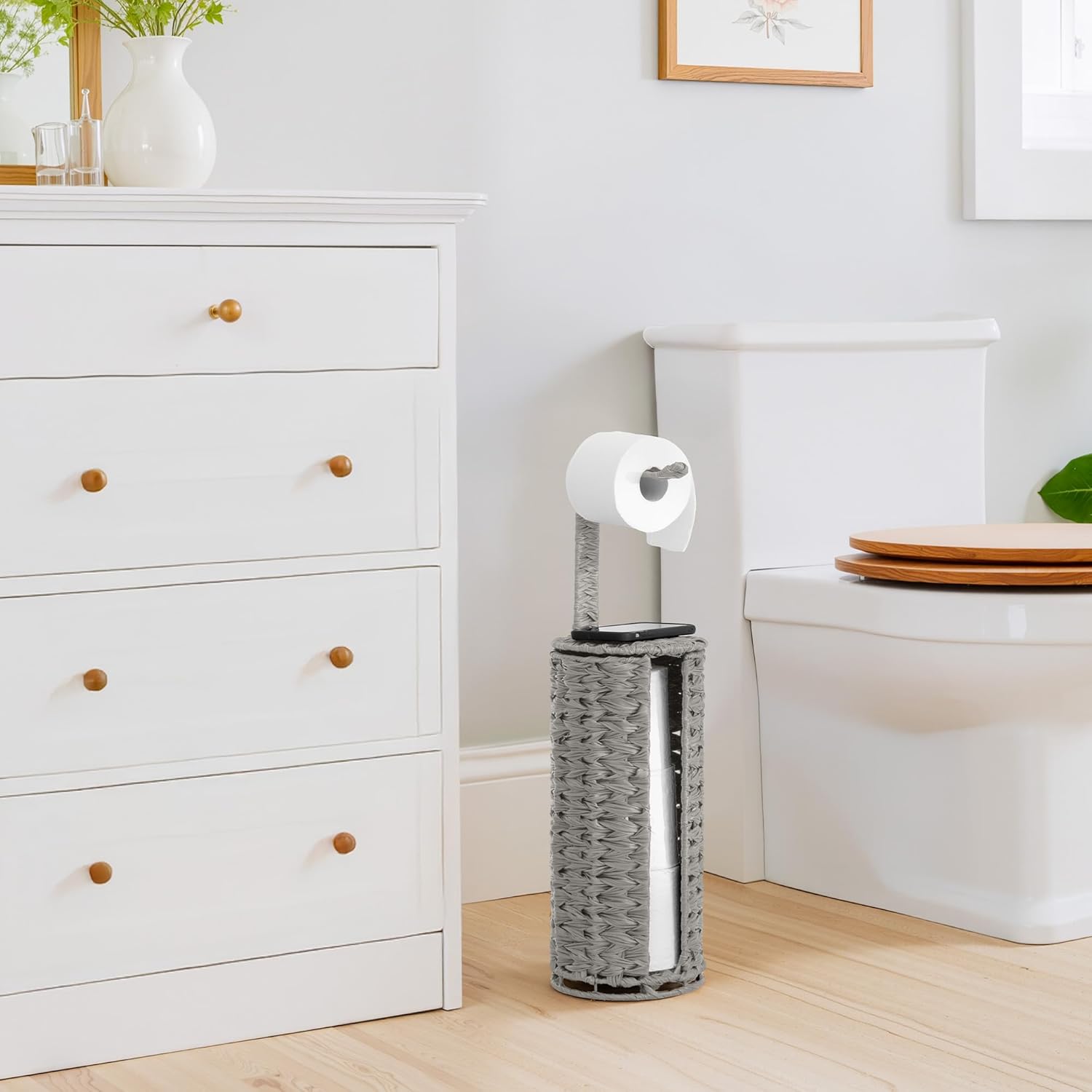 GRANNY SAYS Wicker Freestanding Toilet Paper Holder Stand with Storage, Modern Covered Toilet Paper Stand for 4 Rolls with Shelf for Wet Wipes, Tissue Holder for Bathroom Decor and RV, Gray