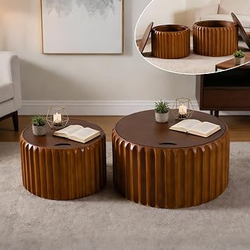 JHKZUDG Fluted Round Nesting Coffee Table Set of 2 forLiving Room Brown