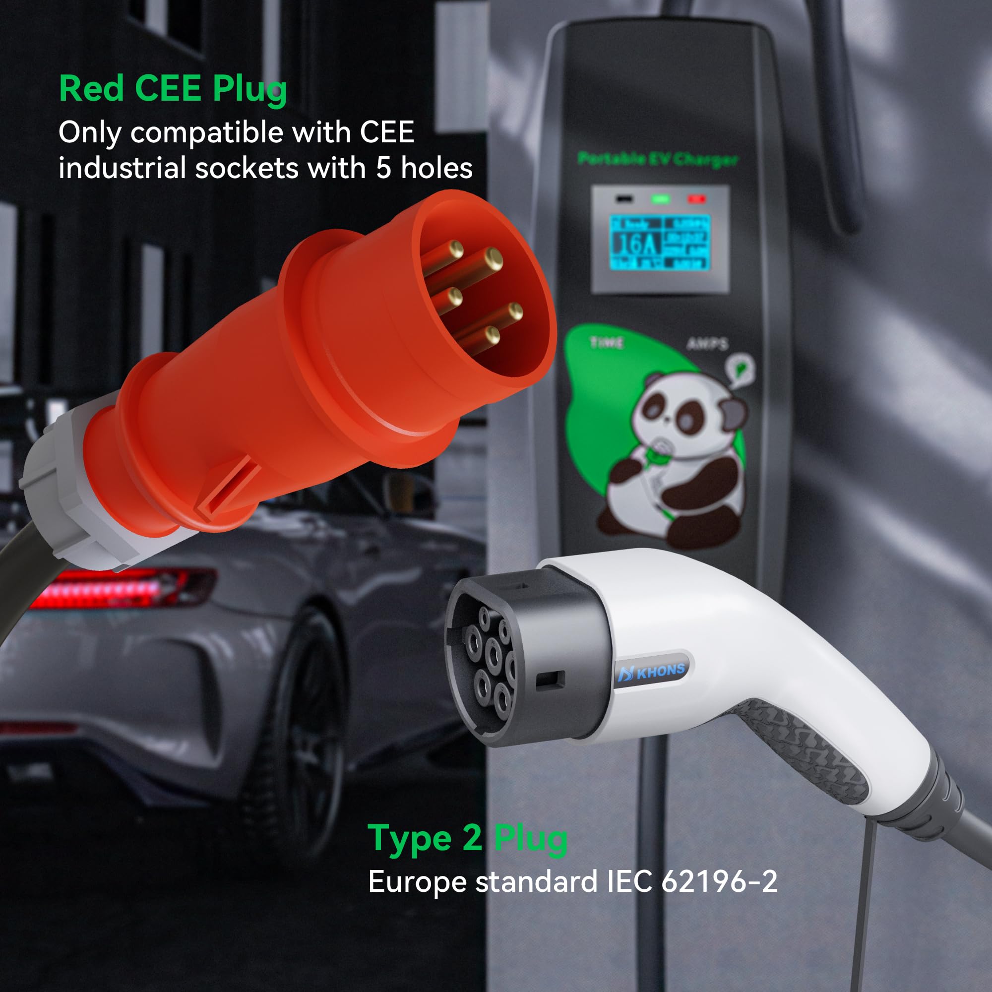 Przenośna skrzynka ścienna 11 kW z Plug & Play, 5 m, 16 A, 3-fazowy, regulowany prąd i timer, kabel do ładowania typu 2 z wtyczką CEE, przenośna ładowarka samochodowa do IEC 62196-2