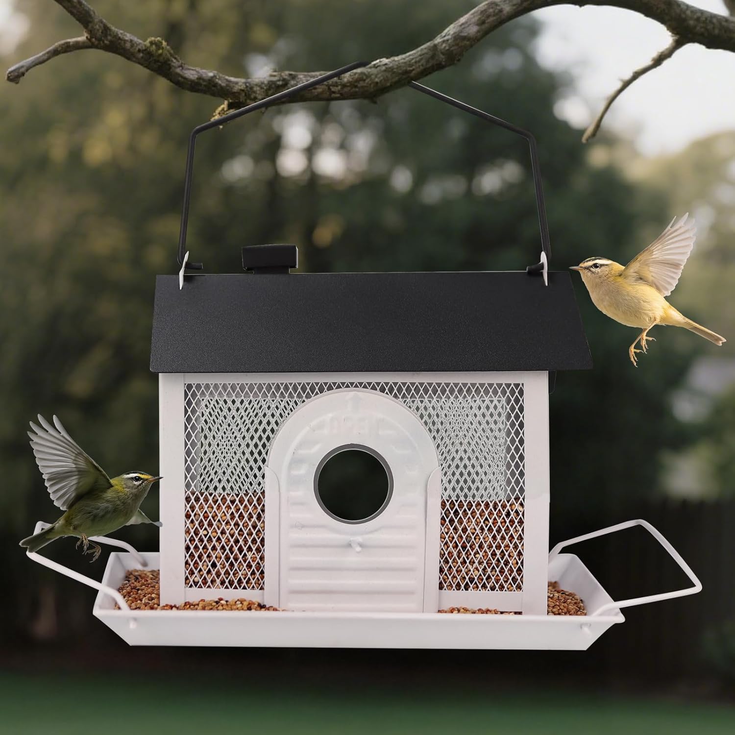 Bird Feeder House for Outdoors – White Metal Hanging Bird Feeder, Decorative Bird House Feeder for Cardinals, Finches, and Wild Birds, Weatherproof Backyard Garden Decor