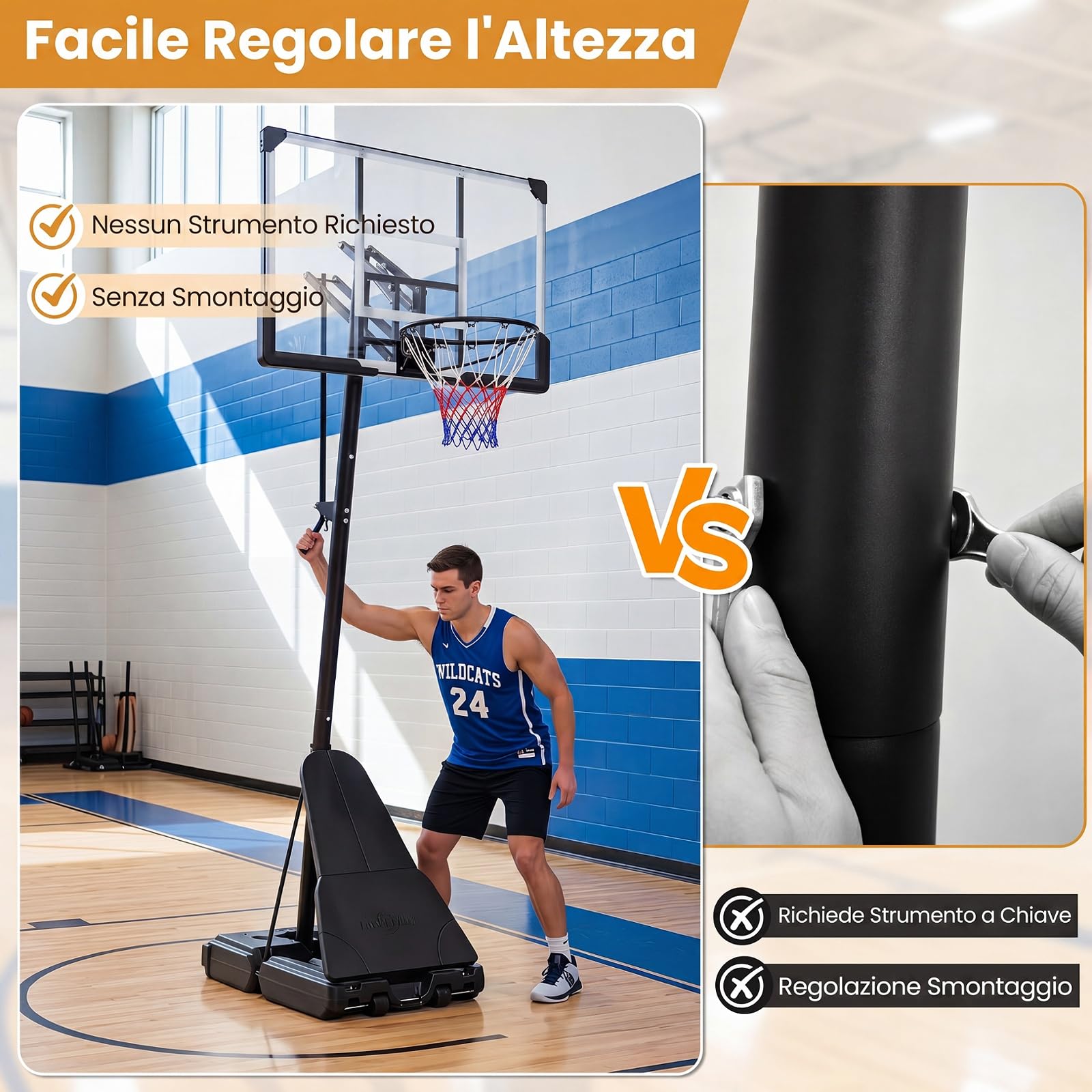 COSTWAY Canestro Basket da Esterno, Canestro da Basket Professionale con Altezza Regolabile 245-305 cm, Portatile con Ruote, Base Riempibile, Sistema di Ritorno e Tabellone Infrangibile | Altezza Regolazione a 5 Livelli 245-305 cm, Base Riempibile, Tabell