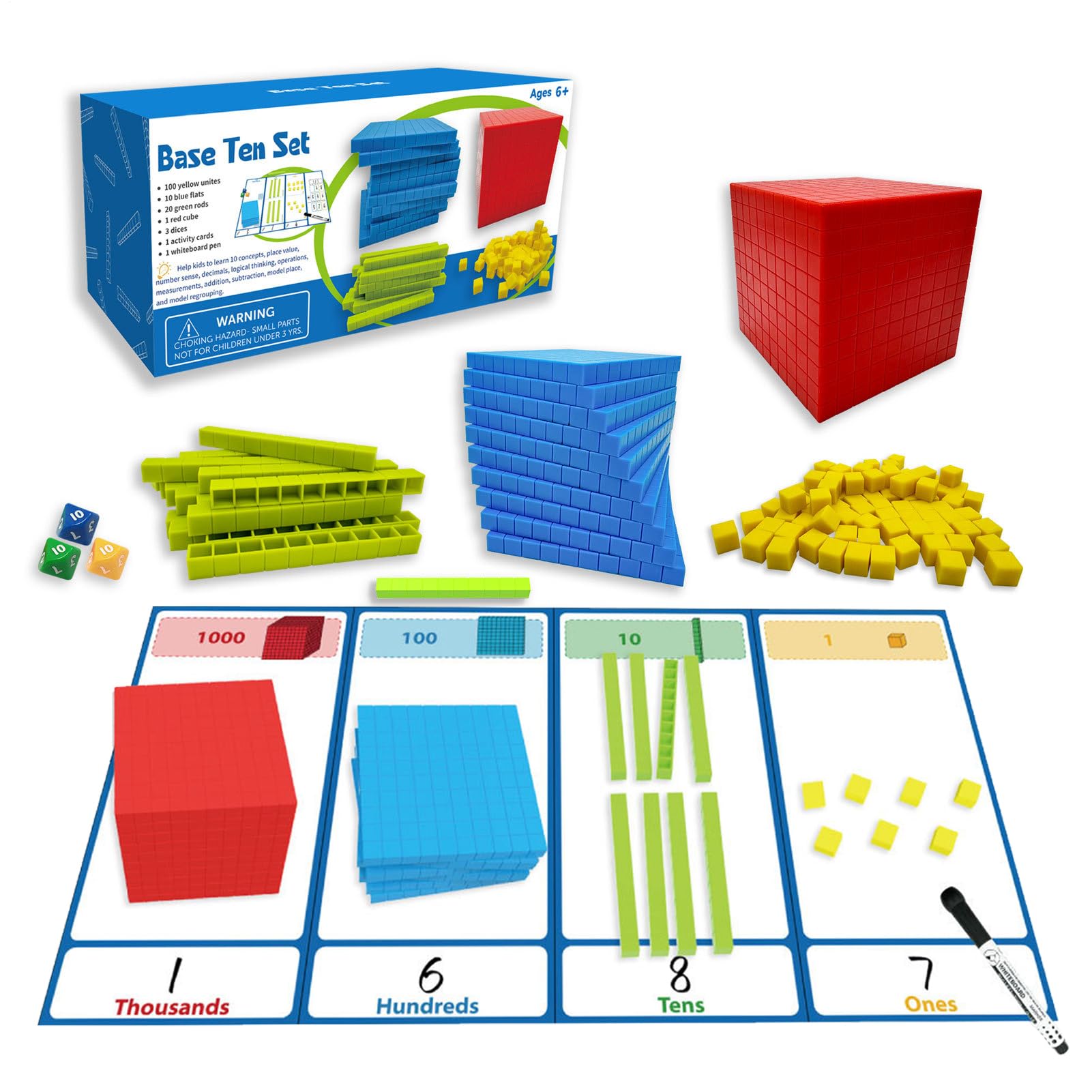 Base Ten Blocks For Math, Manipulatives Cubes Toys, Educational Math Toy, Place Value Learning Set, Maths Toy Cubes Base Block,Counting Blocks Preschool Learning For Kindergarten