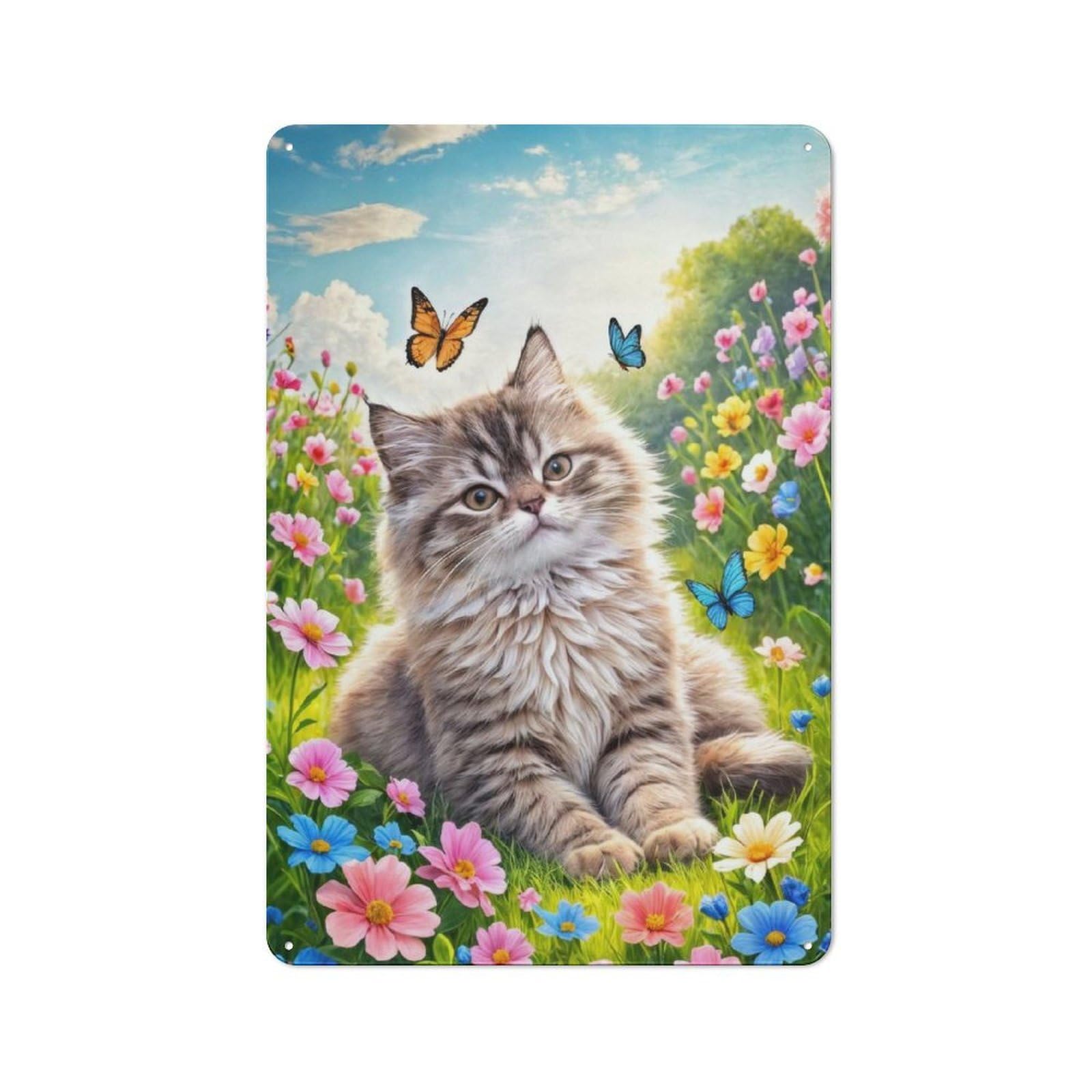 Junmoney Style-11 Fluffy Cat In A Flower Meadow Modern Vintage Metal Wall Decor 30X20cm, Tin Sign For Hobby Room, Office, Lounge Or Living Room