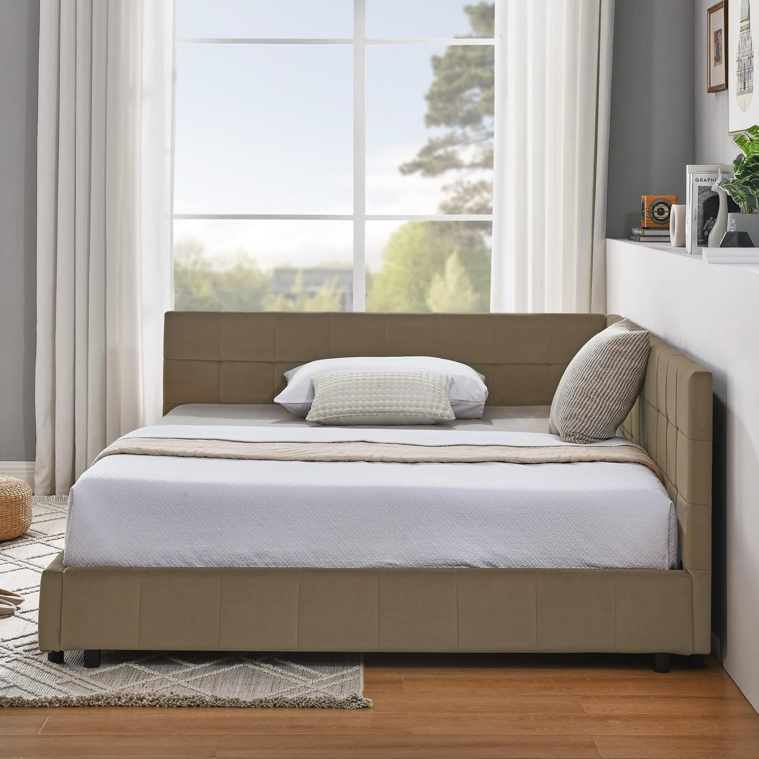 KEIKI Full Size L Shape Corner Bed Frames with Backrest and Armrests, Velvet Upholstered Sofa Daybed for Small Room, Living Room, Bedroom, Guest Room, Kids' Room