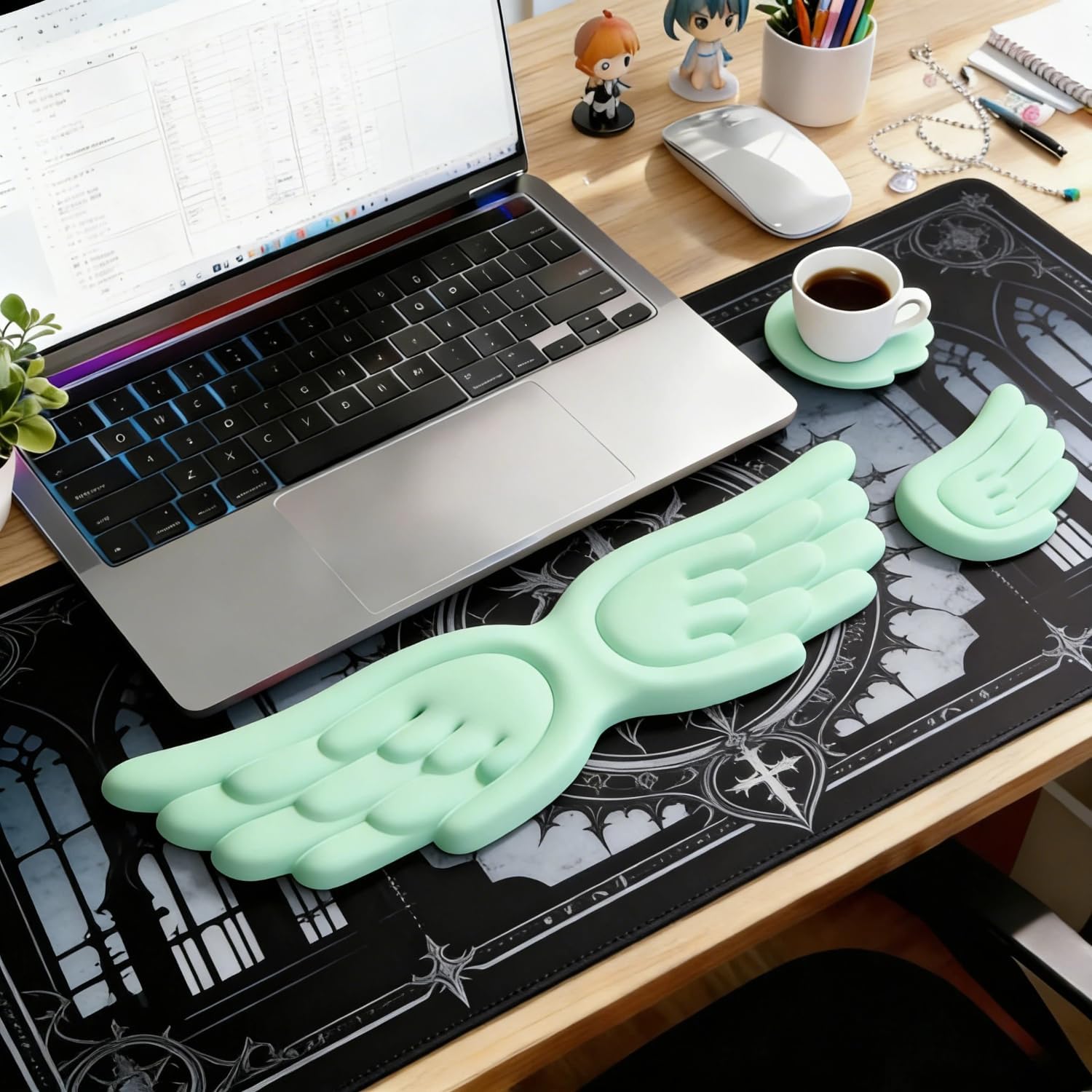 Angel Wing Wrist Rest Ergonomic Memory Foam Wrist Rest for Computer Keyboard Mouse Set with Cup Mat, Cute Gaming Keyboard Cushion Hand Support PU Leather Surface Anti-Slip Waterproof (Green)