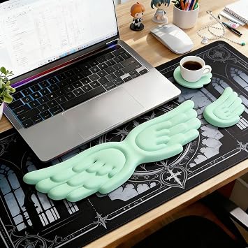 Angel Wing Wrist Rest Ergonomic Memory Foam Wrist Rest for Computer Keyboard Mouse Set with Cup Mat, Cute Gaming Keyboard Cushion Hand Support PU Leather Surface Anti-Slip Waterproof Green
