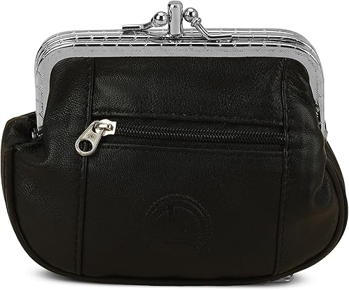 Leatherboss Monedero de cuero auténtico con doble marco y bolsillo con cremallera