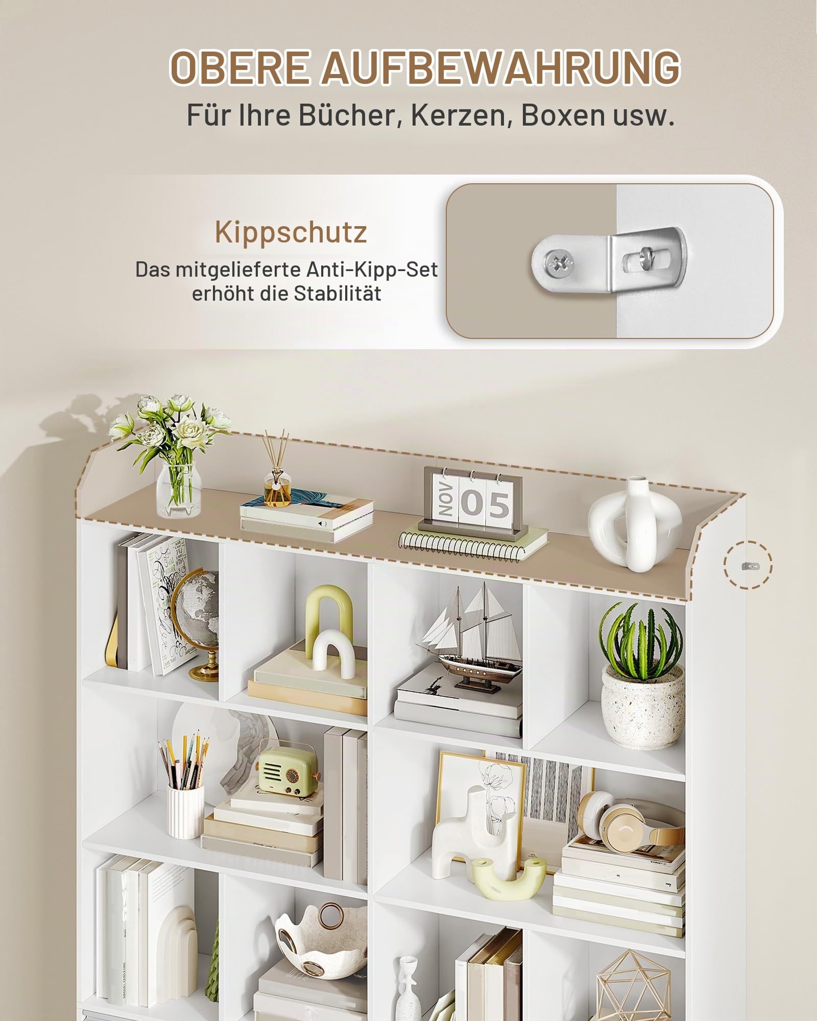 Hzuaneri Bücherregal 10 Fächer 4 Türen Standregal, 30 x 120 x 180 cm, Weiß | freistehend, 4-türiger Unterschrank, Aufbewahrungsregal, für Wohnzimmer Büro Schlafzimmer, BC46503X