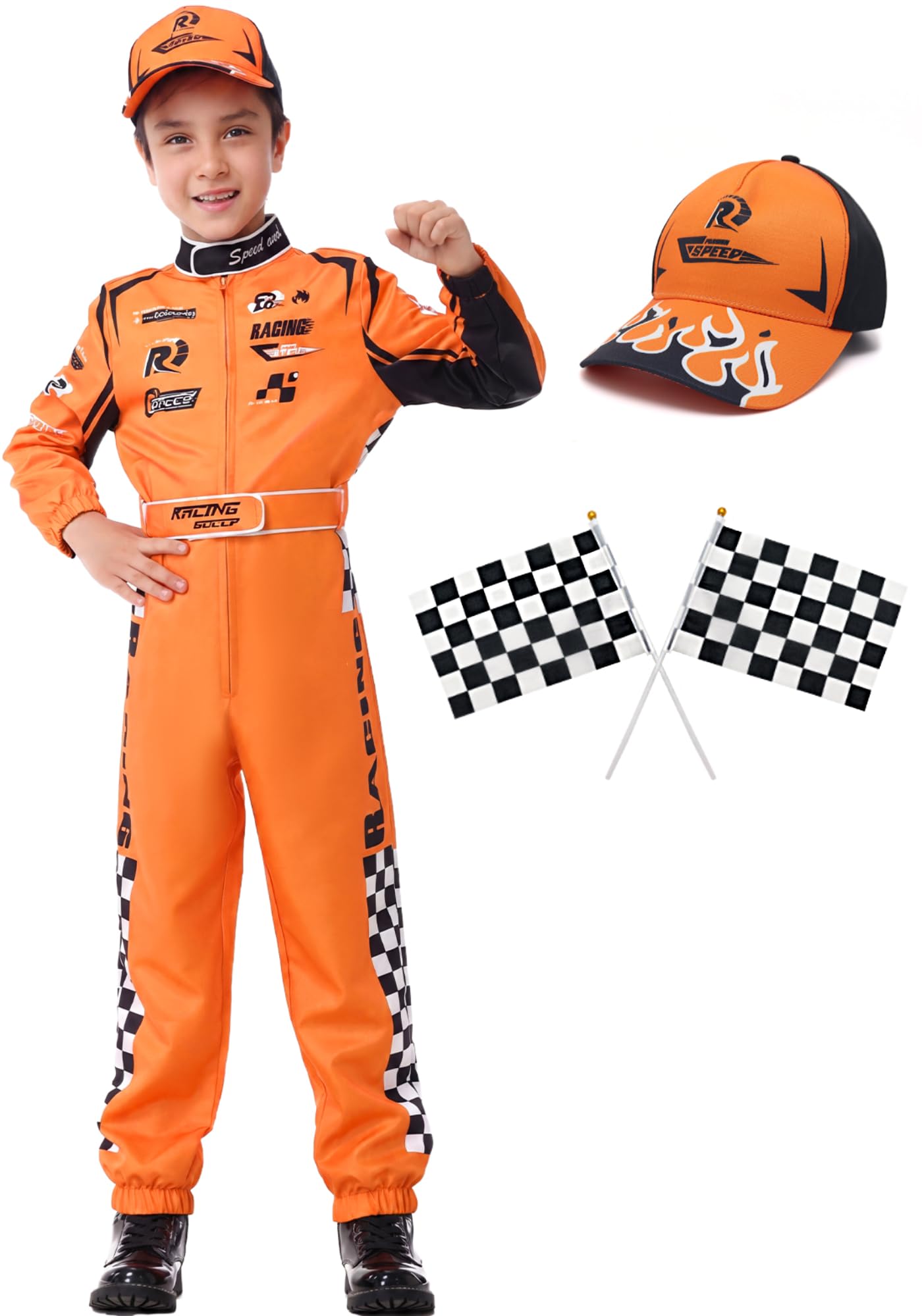 KUKIKUKI Racing Car Driver Costume Boys Racer Jumpsuit with Car Cap Children Dress Up for Halloween (Orange, 130)