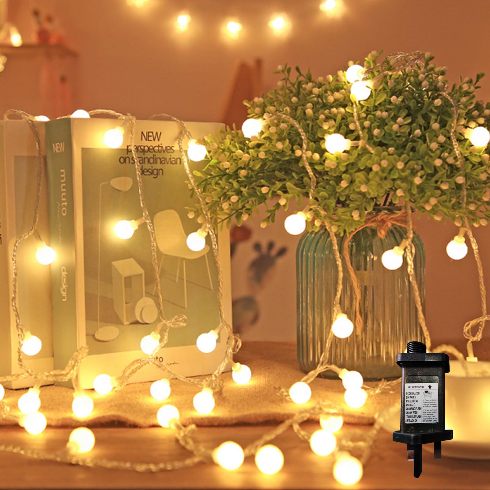 Fairy Lights Plug in, 100LED 33ft Globe String Lights Waterproof Mains Powered Garden Lights Hanging Lights 8 Modes Christmas Lights for Outdoor/Indoor Lighting Bedroom Wedding Garden Decoration Warm