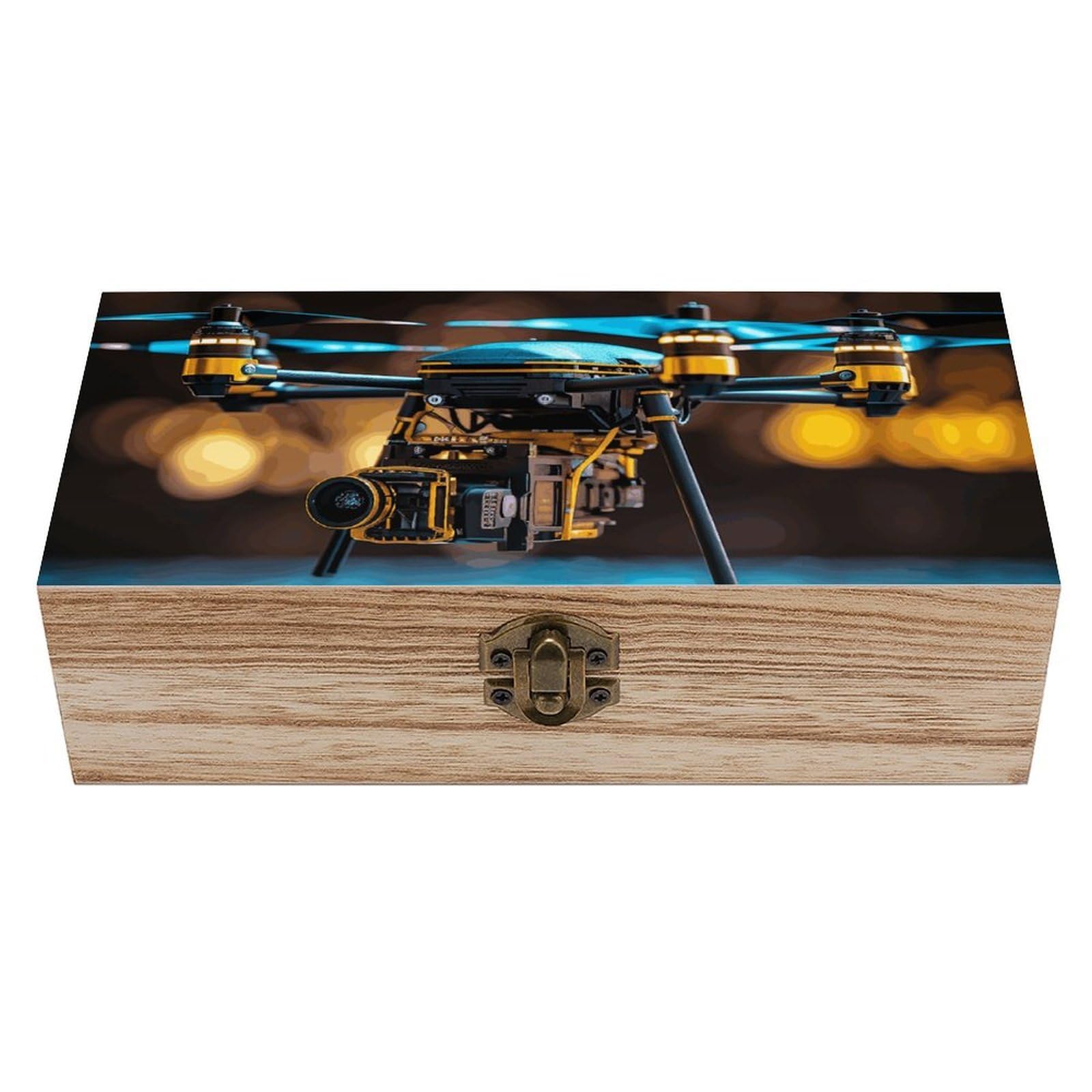 DWVTSLH Drone Wooden Storage Box Locked Wood Gift Box Decorative Keepsake Boxes Storage Bins, Memory Boxes for Pictures, Jewelry Organizer Unique Gift Ideas for Men Women