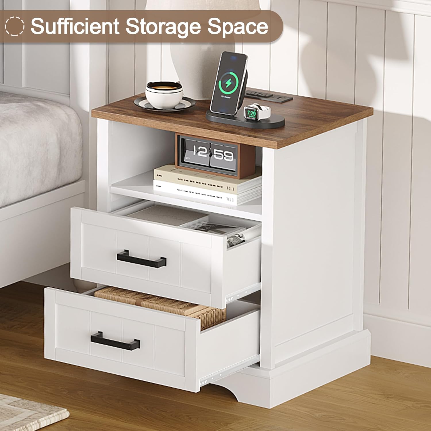 ChooChoo Farmhouse Night Stands with Charging Station, Wood Nightstand with 2 Drawers, Bedside Table with Open Storage Shelf for Bedroom, White