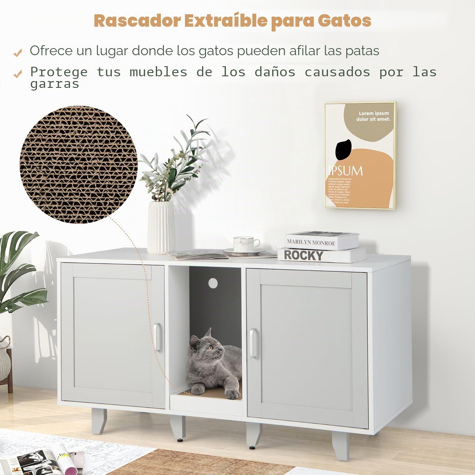GOPLUS 3 en 1 Casa de Aseo para Gatos, Cajas de Arena para 2 Gatos, Arenero Cubierto con 2 Puertas con Patas Desmontables y Tabla de Garras Desmontable, Mesa Auxiliar para Mascotas 120 x 52 x 65 cm