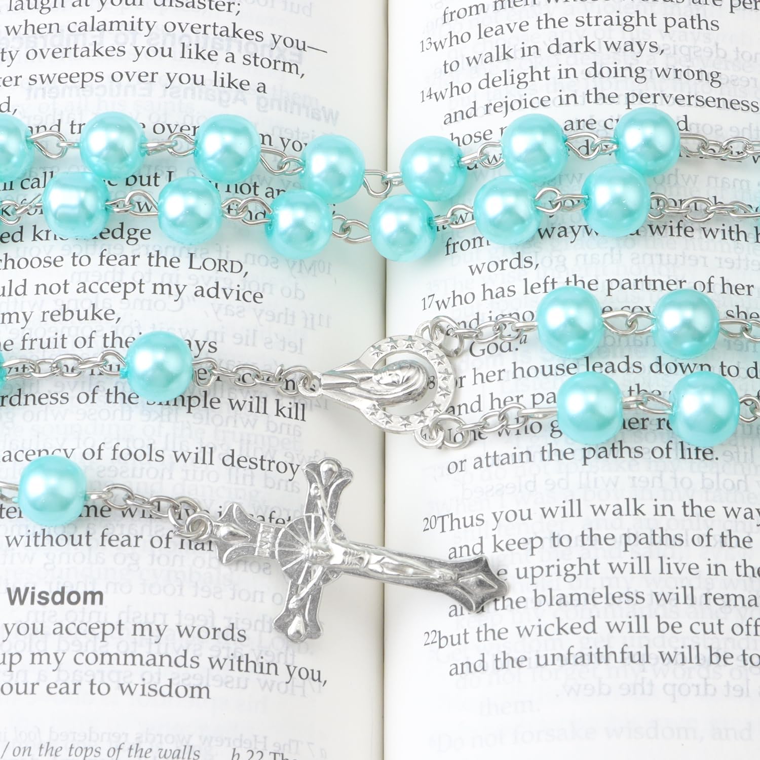 Rosary Beads Catholic for Women With Leather Rosary Pouch, Black Beads Rose Rosary Necklace with White Leather Pouch, Anglican Prayer Beads Christian Gifts for Women Catholic Gifts - Image 3