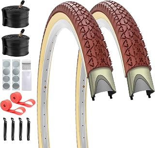 SIMEIQI 2 Pack 24”x2.125“ / 26“x2.125” / 26“x2.35” Inch Beach Cruiser Bike Tires and Tubes AV 32mm Brown Cream Wall with Rim Strips for Retro Beach Commuter Hybrid Bicycles
