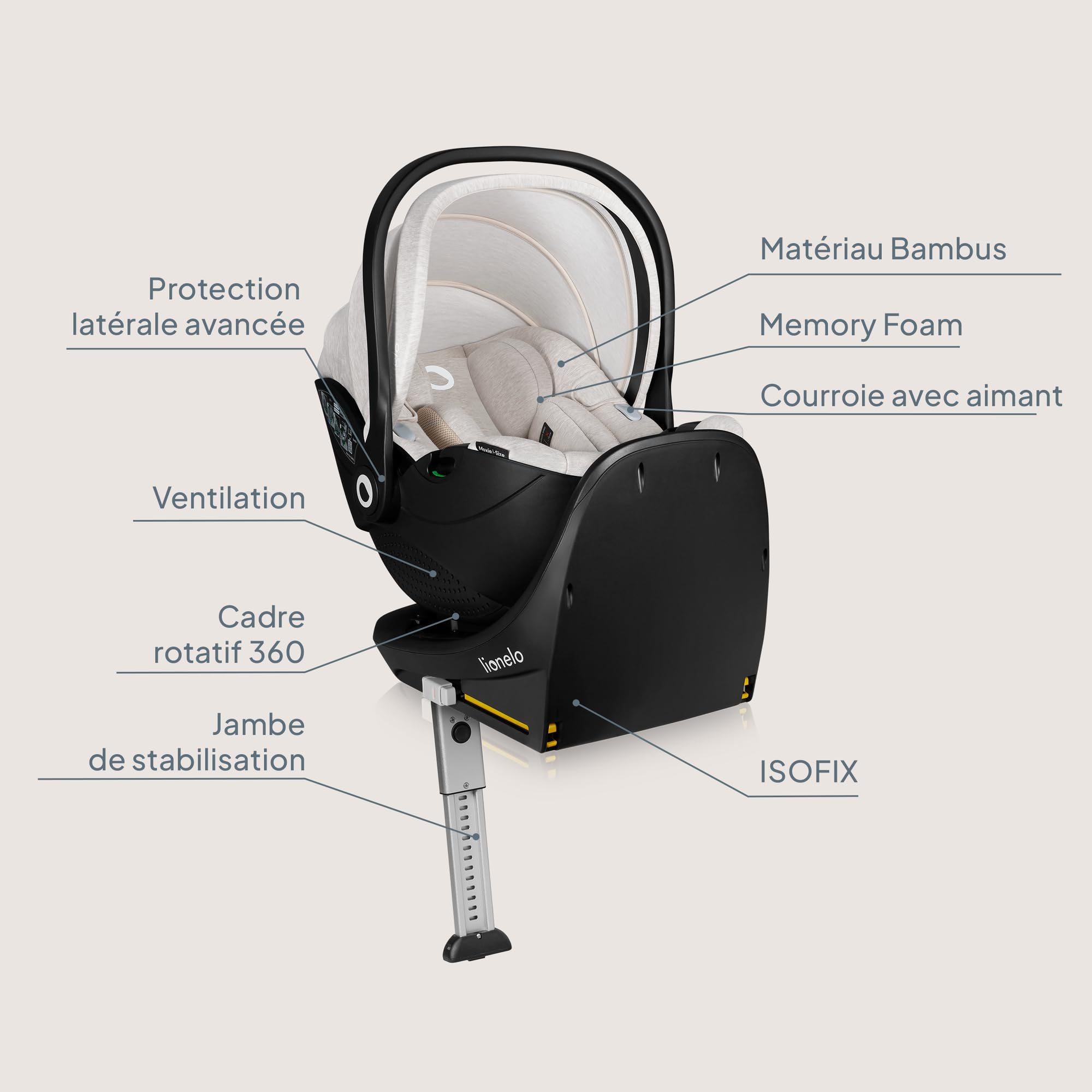 LIONELO MOXIE i-Size SET Siège Auto pour Bébé Avec Base 40 à 87 cm Porte-bébé Fixation et stabilisation ISOFIX Support stabilisateur Protection latérale, Réglage de l'Appui-Tête Insert Dri-Seat