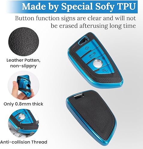 Miniatura 2 de Funda para llave BMW con llavero de cuero, con forma de hoja avanzada, superficie de TPU suave de grano de cuero para llave inteligente BMW (azul)