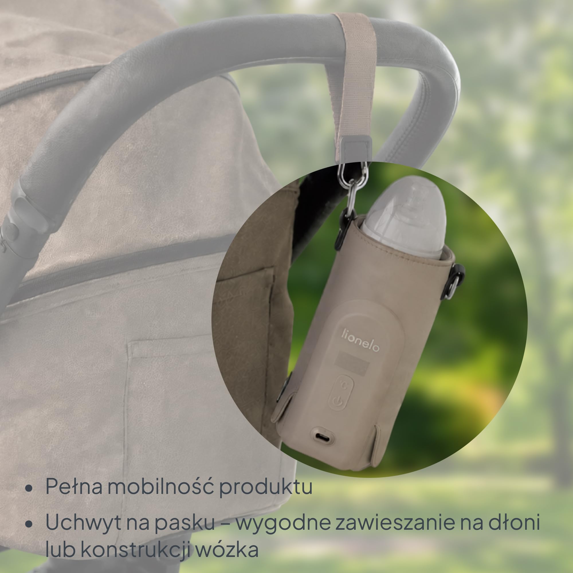 LIONELO Thermup Go EVO przenośny podgrzewacz do butelek, utrzymuje ciepło płynów, 5 temperatur roboczych od 38 do 50°C, ładowanie przez USB-C, do 9 godzin pracy, wyświetlacz LCD