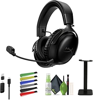HyperX Cloud III Wireless - Gaming Headset for PC, PS5, PS4 with Mic, up to 120-hour Battery, 10mm Detachable Microphone Bundle with Cleaning kit + Headphone Stand (Black/Red)