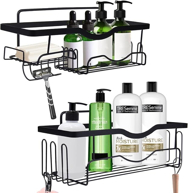 SZTMBF Bathroom Accessory, Shower Shelves, Bathroom Shelf Razor Rack, Shower Caddy, Towel Hooks Bathroom Organizer, Bathroom Organizer Shower SUS304 Stainless Steel Black,2Pcs
