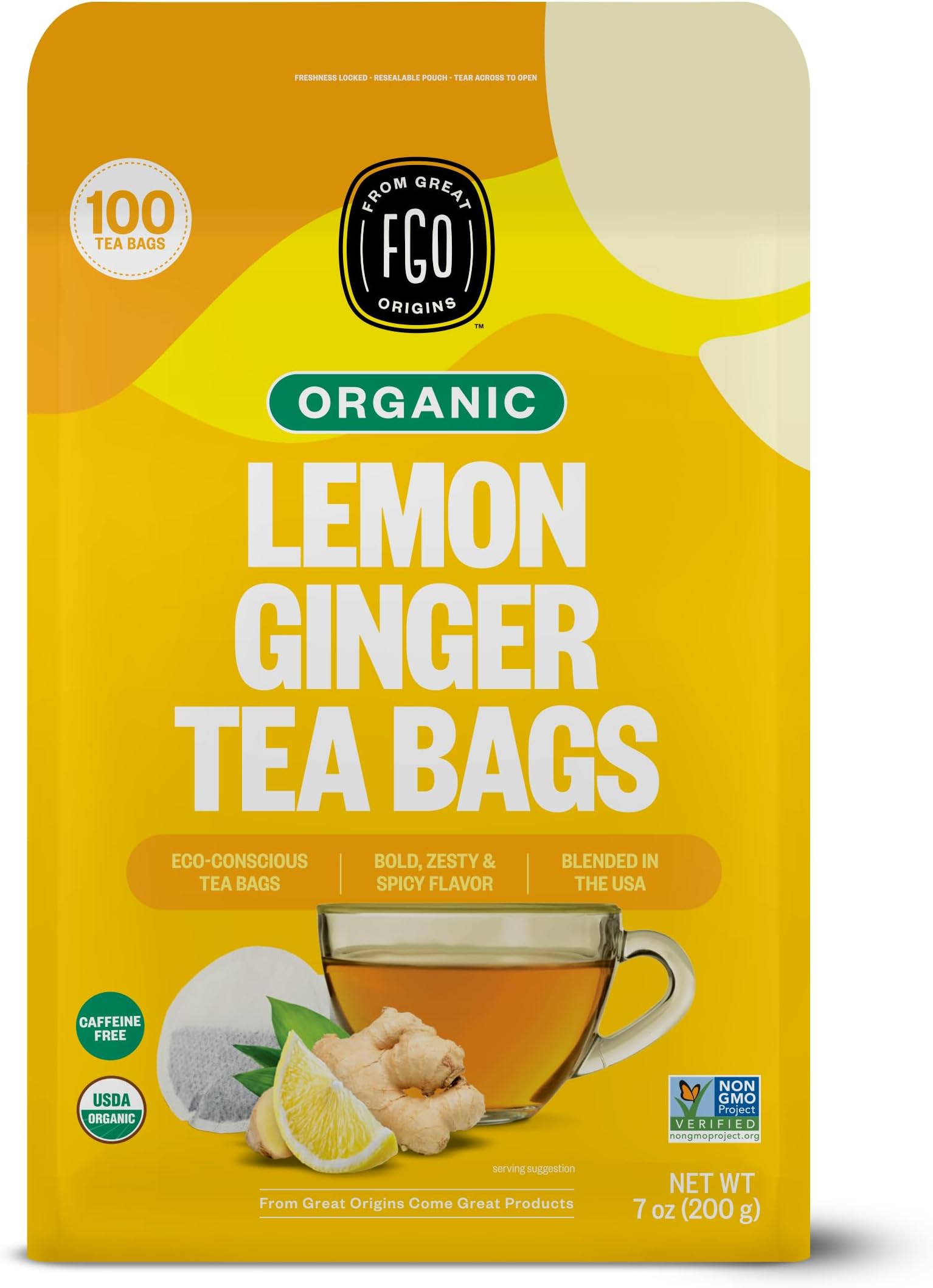 Organic Lemon Ginger Tea, 100 Count, Eco-Conscious Tea Bags, Resealable Bag, Caffeine Free, Packaging May Vary (Pack of 1)