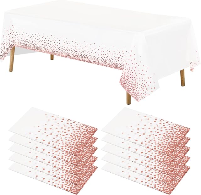Pesonlook 10 Packs Disposable Plastic Tablecloths 54x108 Inch White and Rose Gold Dot Confetti Tablecloth Party Rectangle Table Cover for Outdoor Picnic/Birthday Party/Baby shower/Wedding(54"x108")