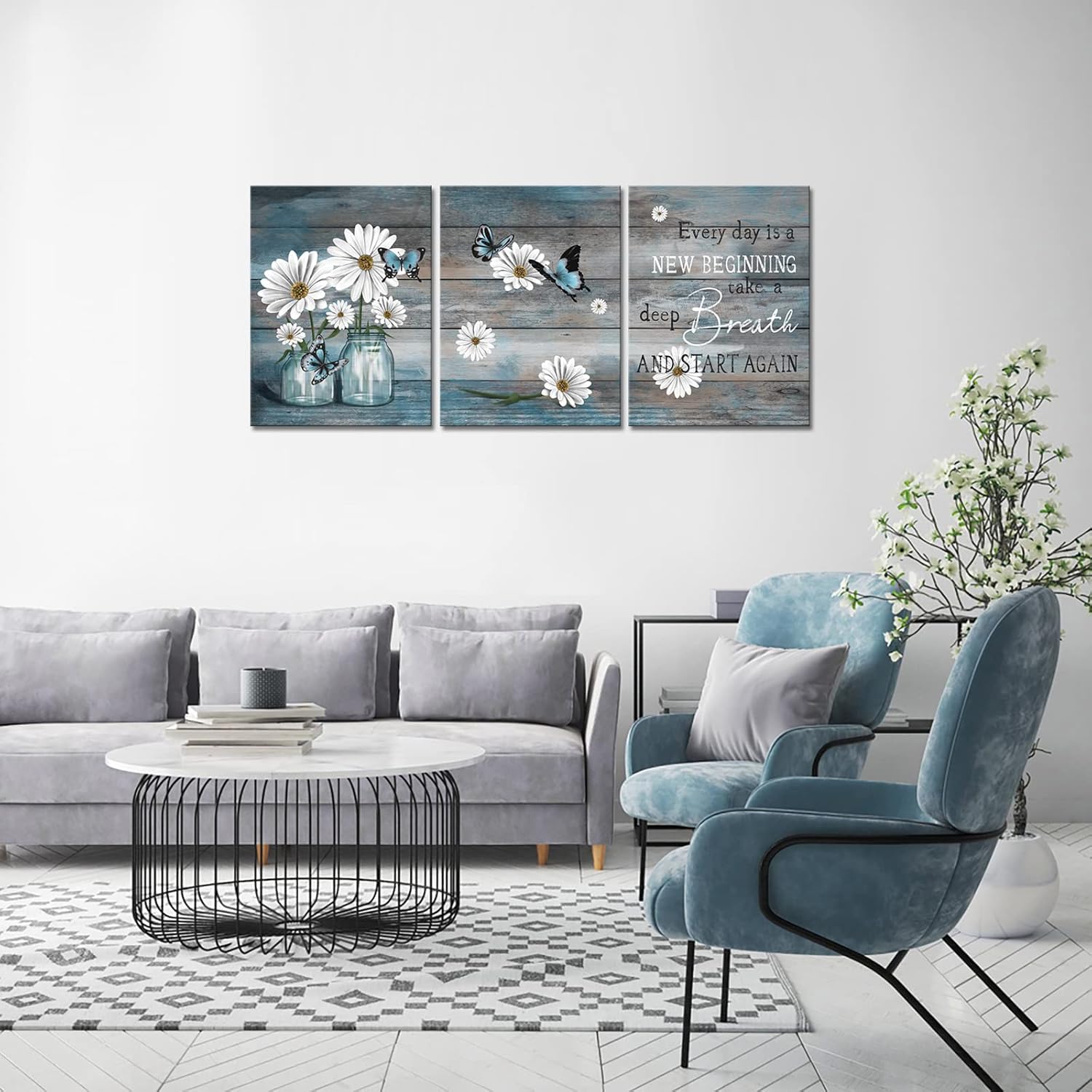 RyounoArt 3 Piece Daisy Wall Art Butterfly Inspirational Picture on Canvas for Kitchen Office Wall Decor Rustic Country Paintings Framed 12"x16" for Each