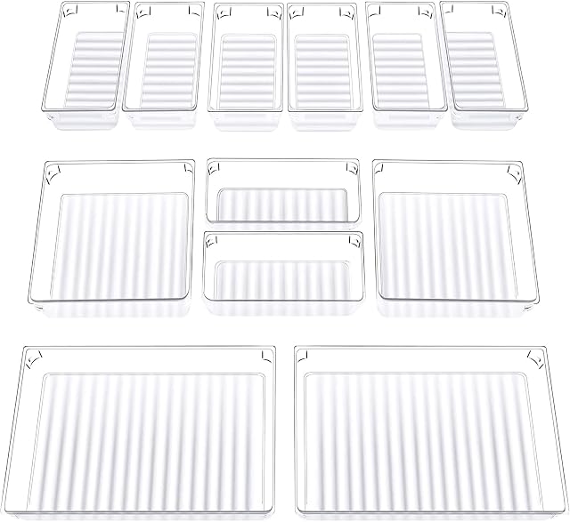 InnoGear Set of 12 Desk Drawer Organiser Trays with 3-Size Clear Plastic Storage Boxes Divider Make-up Organiser for Kitchen Bedroom Office (Frosted Transparent)