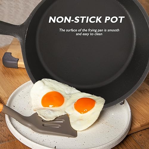 Miniatura 4 de Sartén antiadherente de hierro fundido grueso con mango y tabla de madera, sartén de cocina para el hogar para huevos, panqueques, pizza y carne,