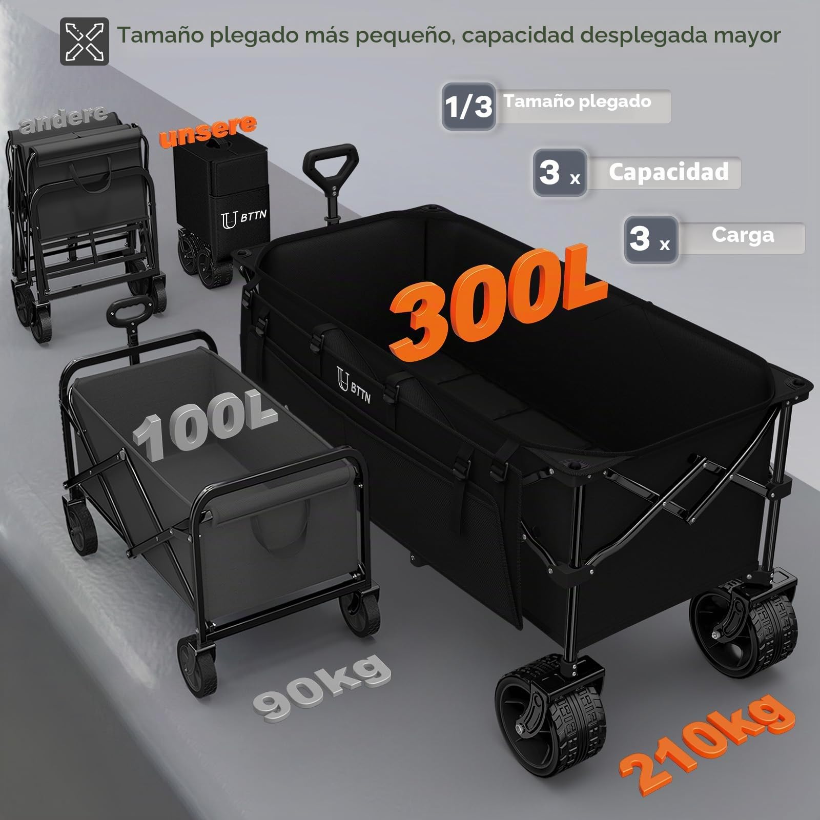 BTTN Carro plegable XXXL 300 L, 210 kg, con frenos, apto todo terreno neumáticos 18 x 10 cm, plegable jardín, playa, camping compras