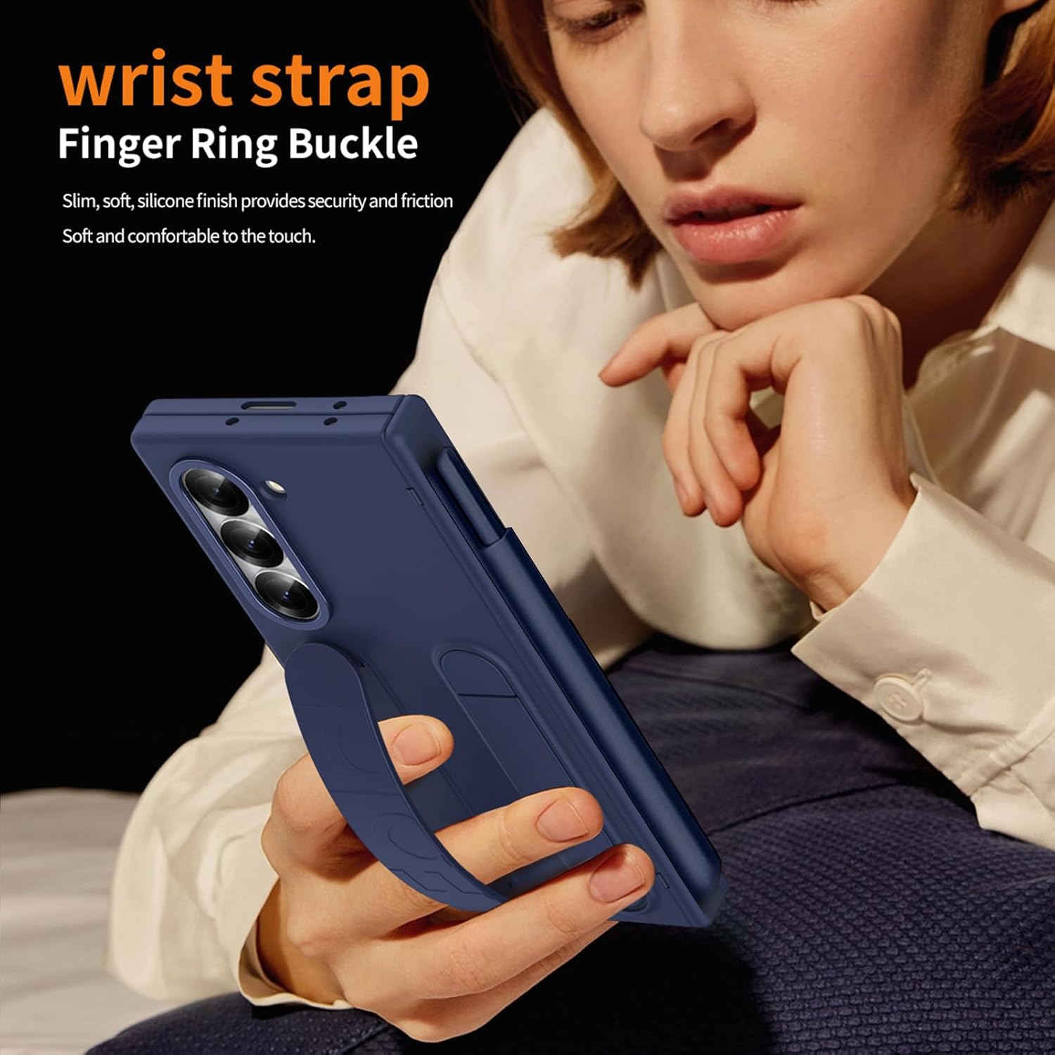 Samsung Galaxy Z Fold 6 Case with Finger Strap, S Pen Holder & Stylus, Kickstand, Hand Strap, Hinge Protection, Screen Protector, Blue