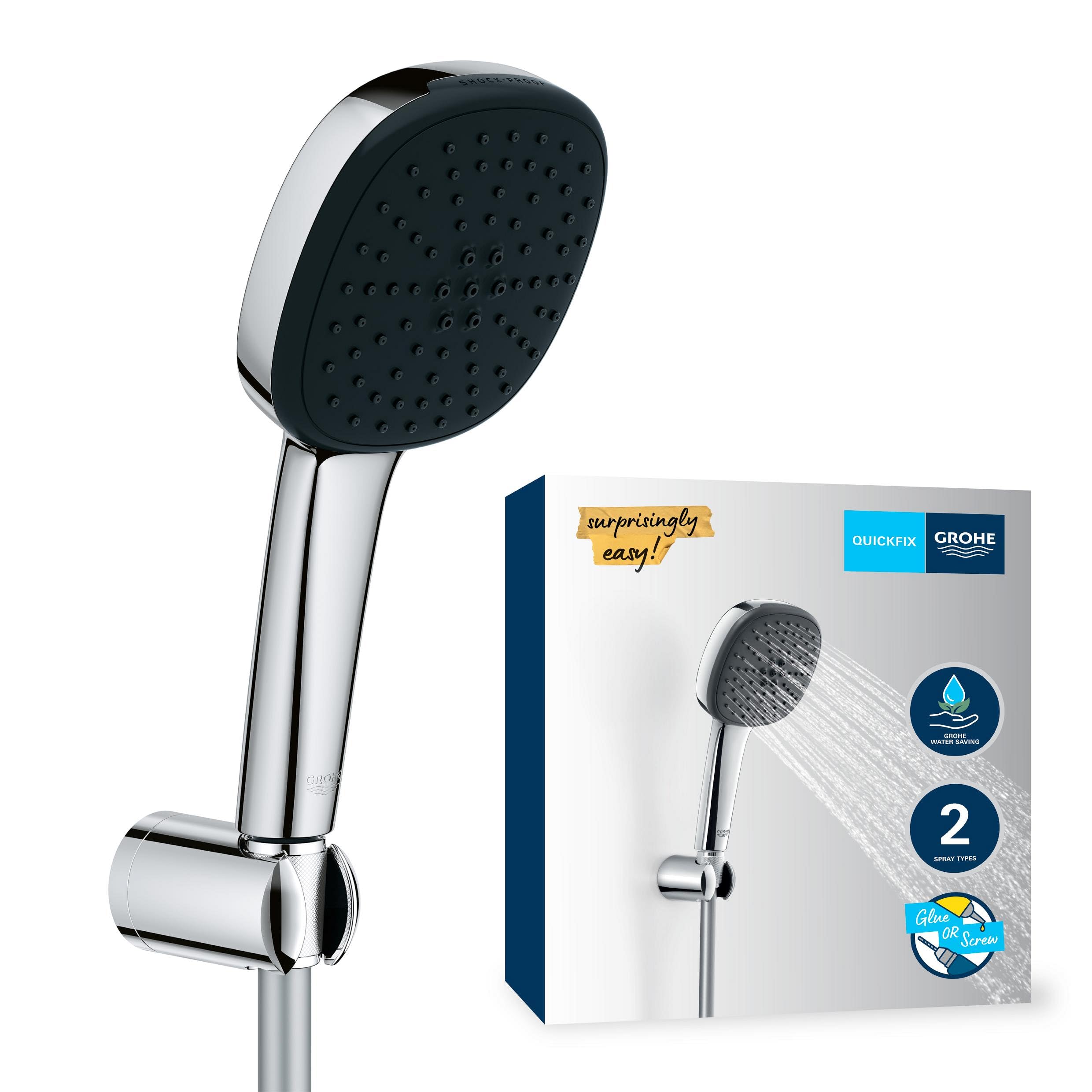 GROHE Vitalio Comfort 110 zestaw uchwytów ściennych (oszczędność wody, słuchawka prysznicowa, 2 rodzaje strumienia, wąż prysznicowy 1.750, uchwyt prysznicowy, wiercenie lub klejenie), chrom, 26399001