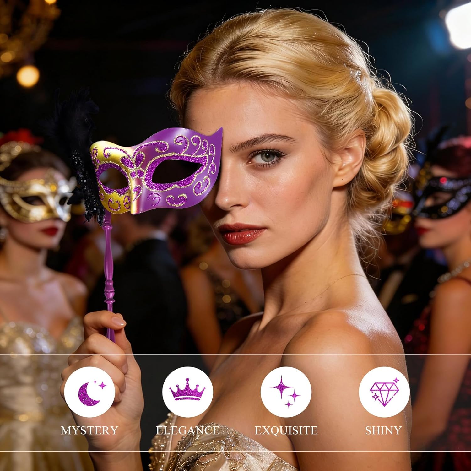 BEARAE Masquerade Mask for Women with Stick, Feather Venetian Masks, Costume Mask for Mardi Gras Gatsby Party Decoration - Image 5