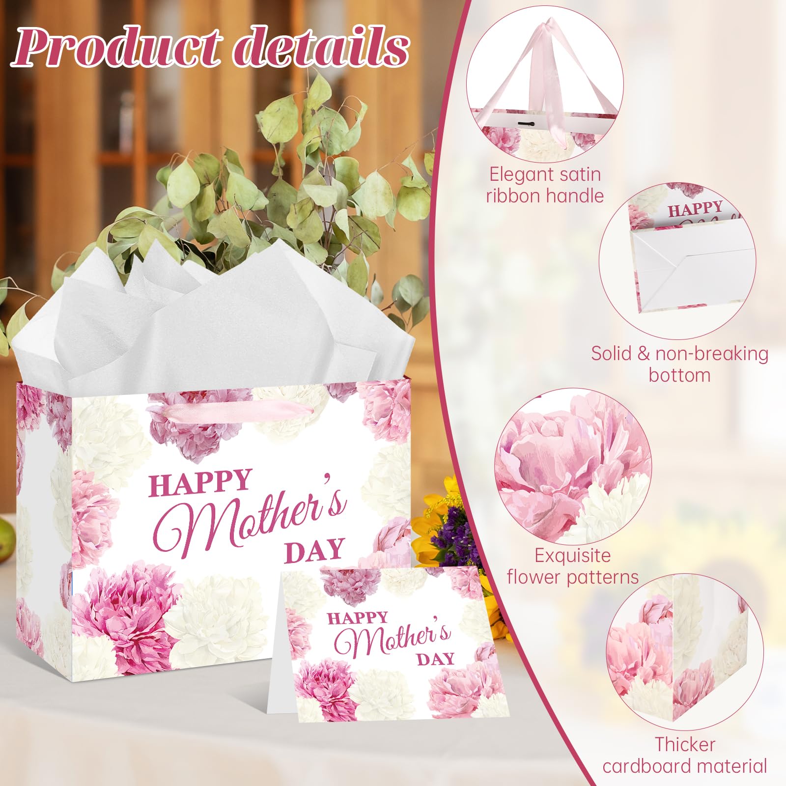 Yoirrat Mother's Day Flower Gift Bags White and Pink Happy Mother's Day Floral Gift Bags with Handle Gift Bags with Wrapping Paper Card Large Mothers Day Paper Bags Mothers Day Gifts Party Supplies