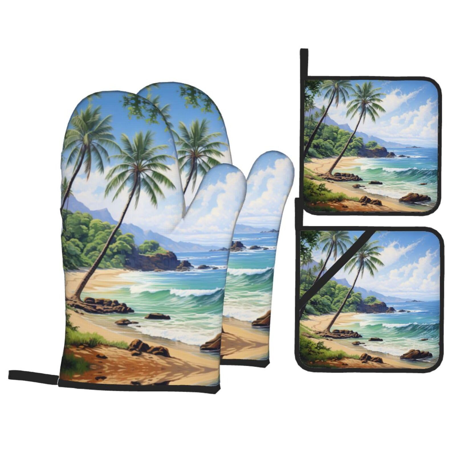 Hawaiian Beach with Palm Trees Print Stylish 4-Piece Microwaving Oven Waterproof Kitchen Gloves Baking Holiday Cooking