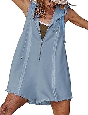 Women's Cotton Short Overalls Hooded Casual Loose Fit Zip Up Athletic Romper with Pockets